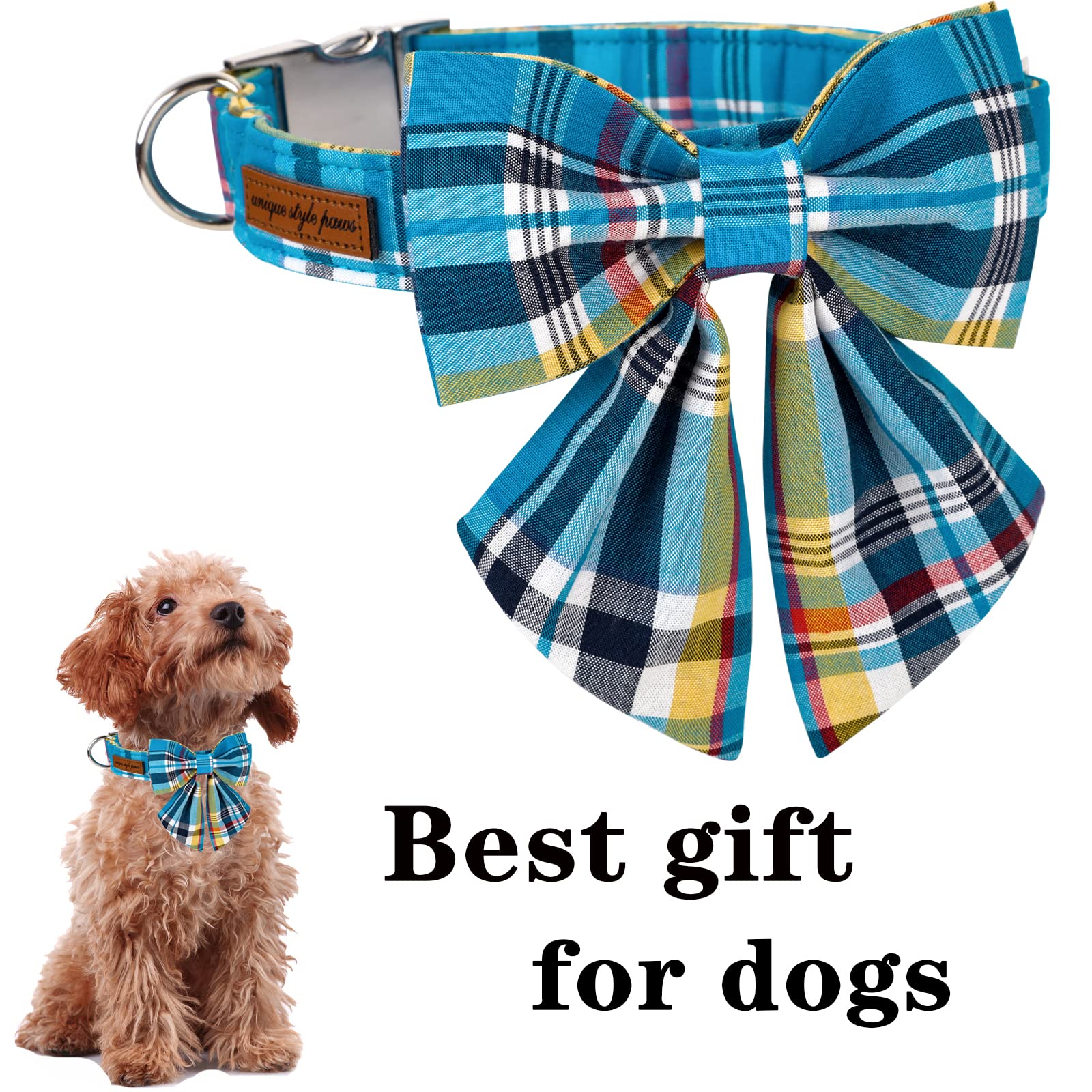 Unique Style Paws Blue Plaid Dog Collar With Bow Cute Puppy Collar For Small Medium Large Dogs As Autumn Winter Pet Gifts-L